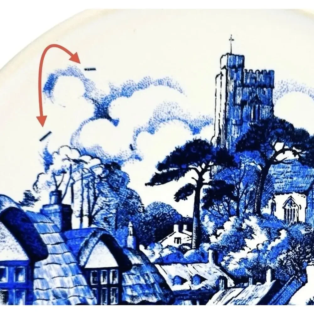 Vintage HR Johnson Tiles 3 Round Delft Blue White Village Scene England 3.5 Inch
